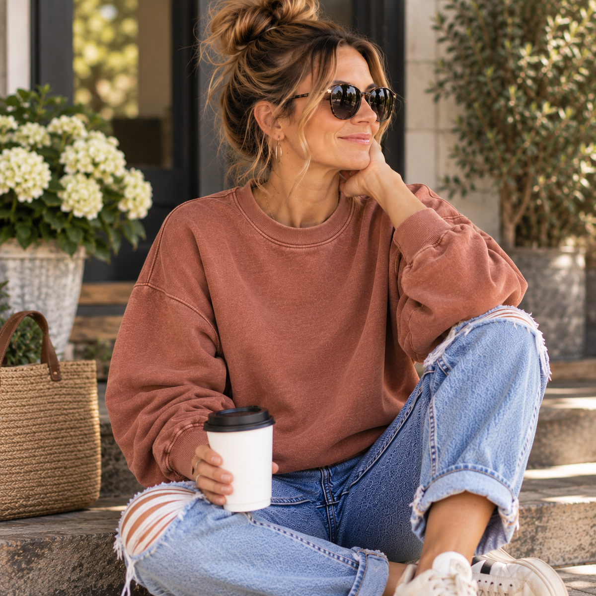Woman wearing the House of Caelo Vintage Ease oversized crewneck in Desert Clay