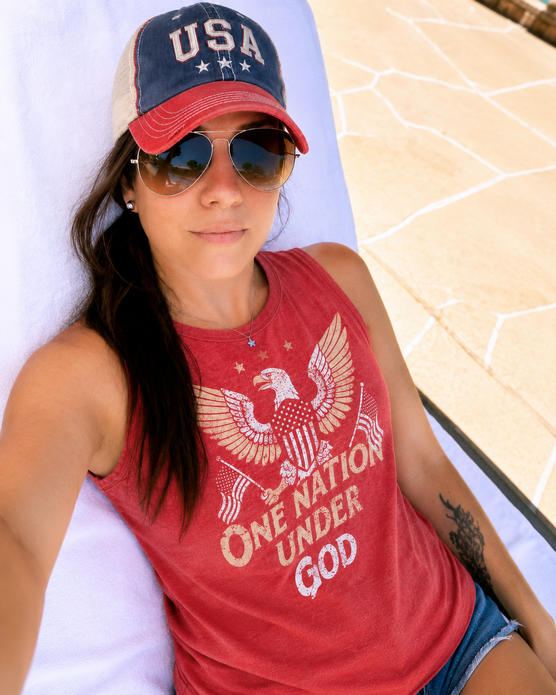 Scarlet mineral-washed faith graphic tank with One Nation Under God print