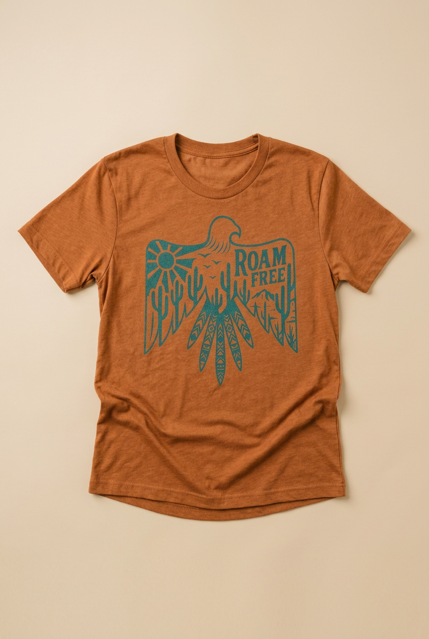 Roam Free Tee flat lay showing boho western eagle screen print