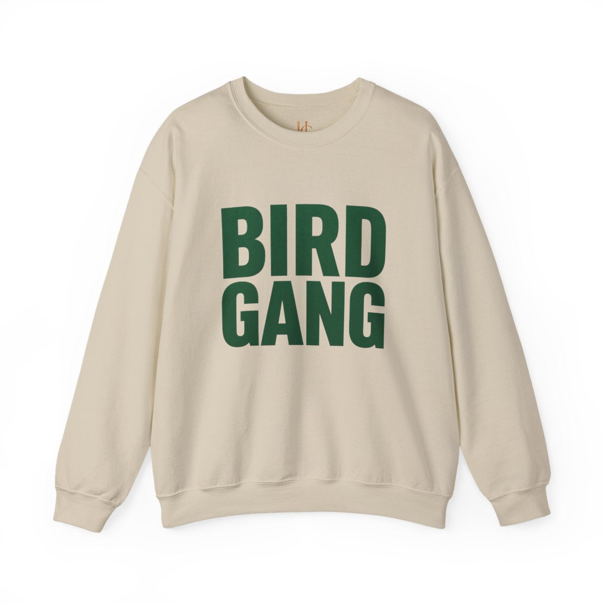 Sand BIRD GANG unisex crewneck sweatshirt with forest-green graphic