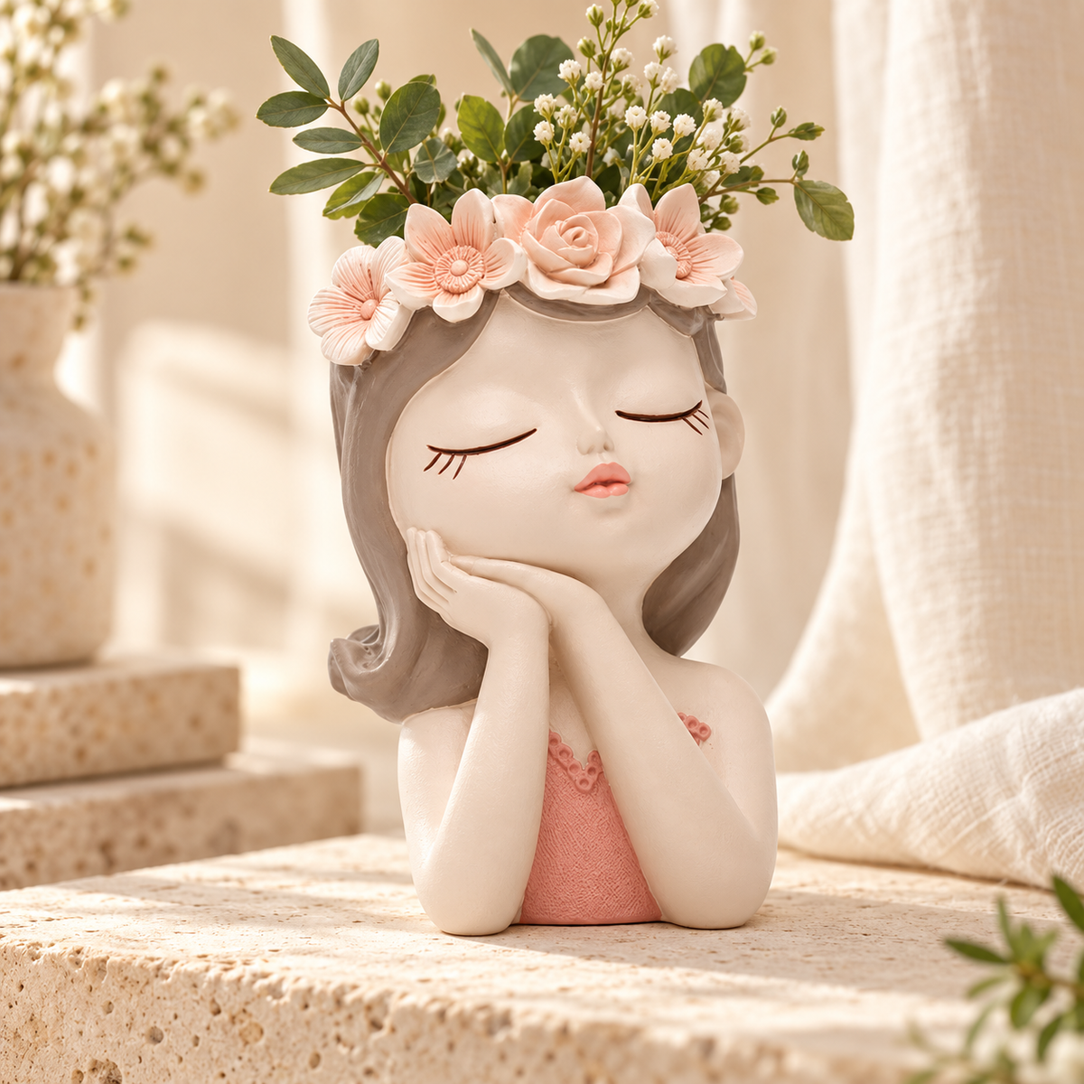 Serene Bloom sculptural floral-crown planter styled with greenery on warm ivory stone