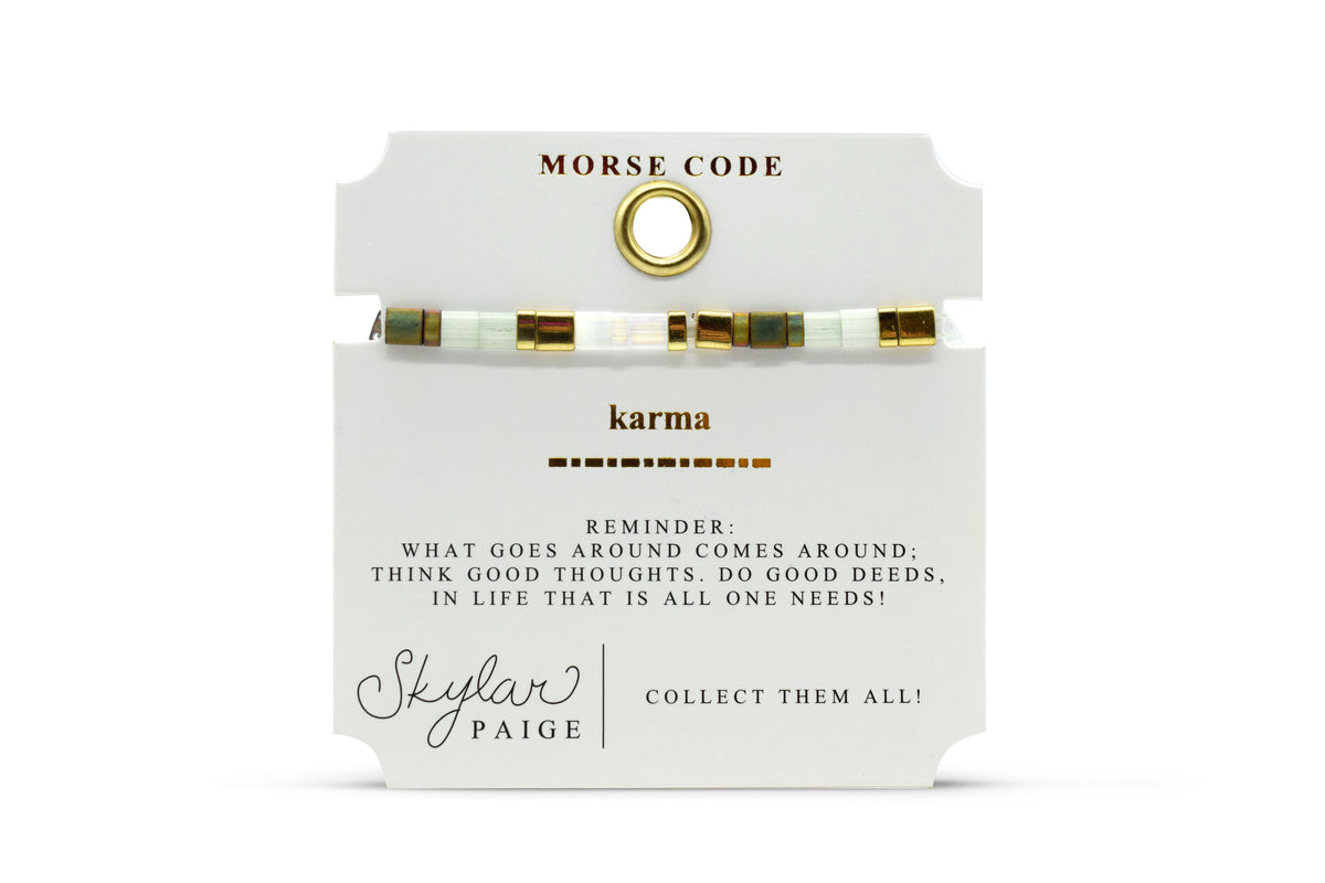 Skylar Paige Karma Morse Code bracelet on card
