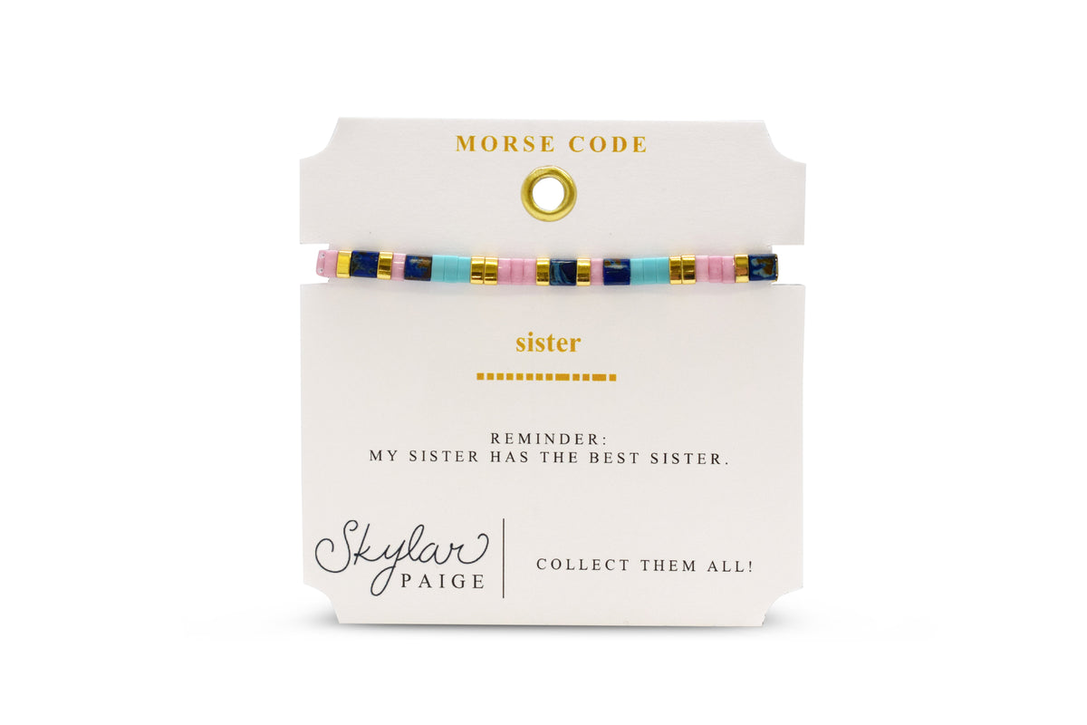 Skylar Paige Sister Morse Code bracelet on card