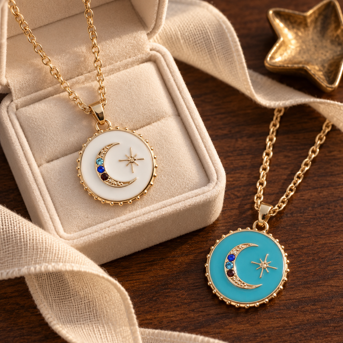 White and Aqua Sparkling Moon Enamel Charm Necklaces styled with a cream jewelry box