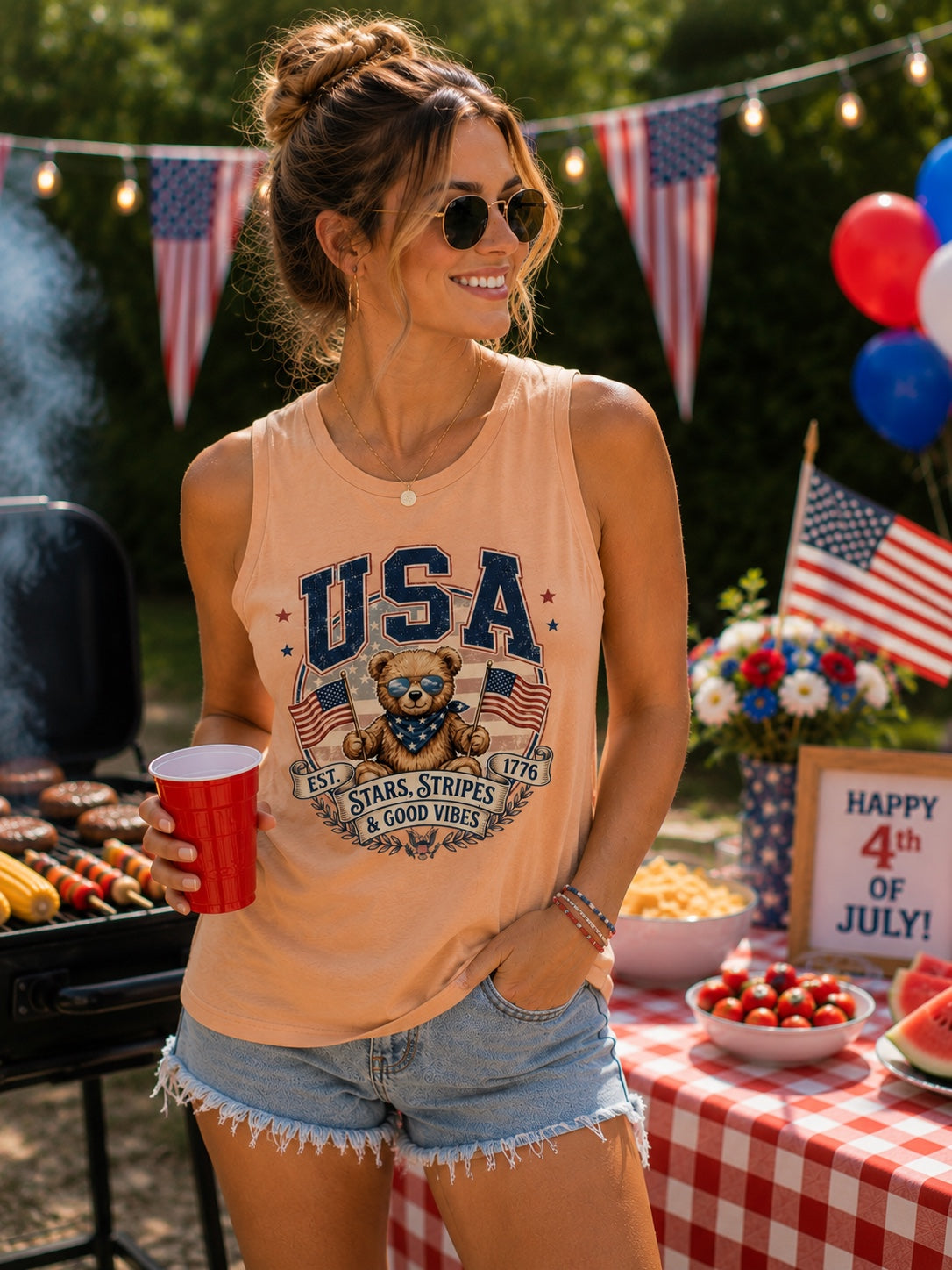 USA Teddy Bear Muscle Tank — Stars, Stripes & Good Vibes Fourth of July Tank Top, view 3 | Fitkitty Culture®