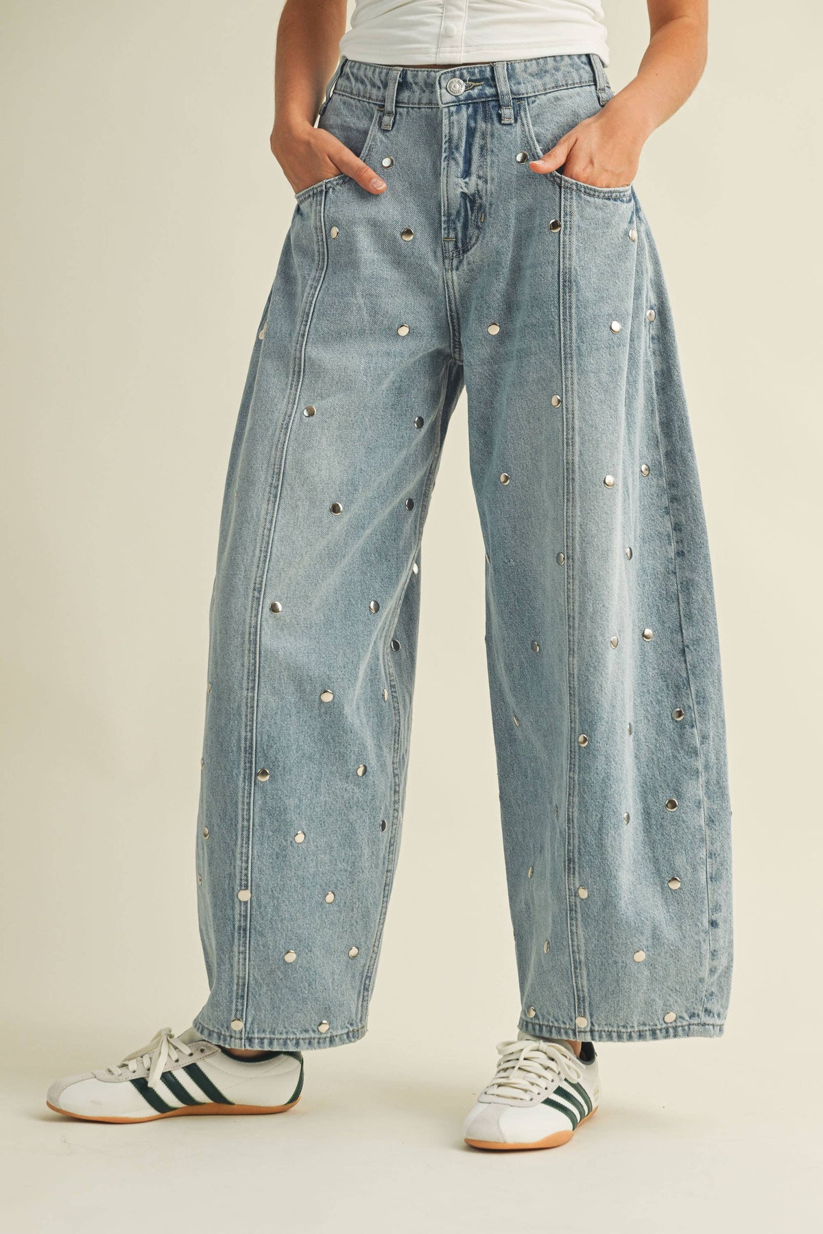 Studded Barrel Leg Jeans in light-wash denim with subtle stud details and a relaxed rounded leg