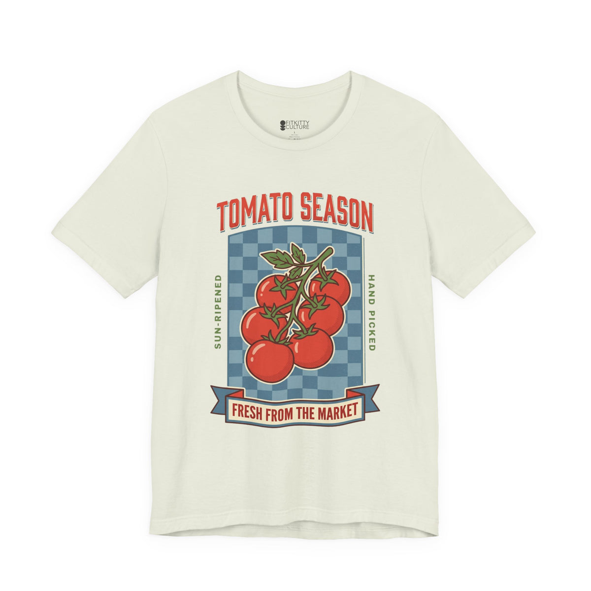 White t-shirt with tomato graphic and text on a white background