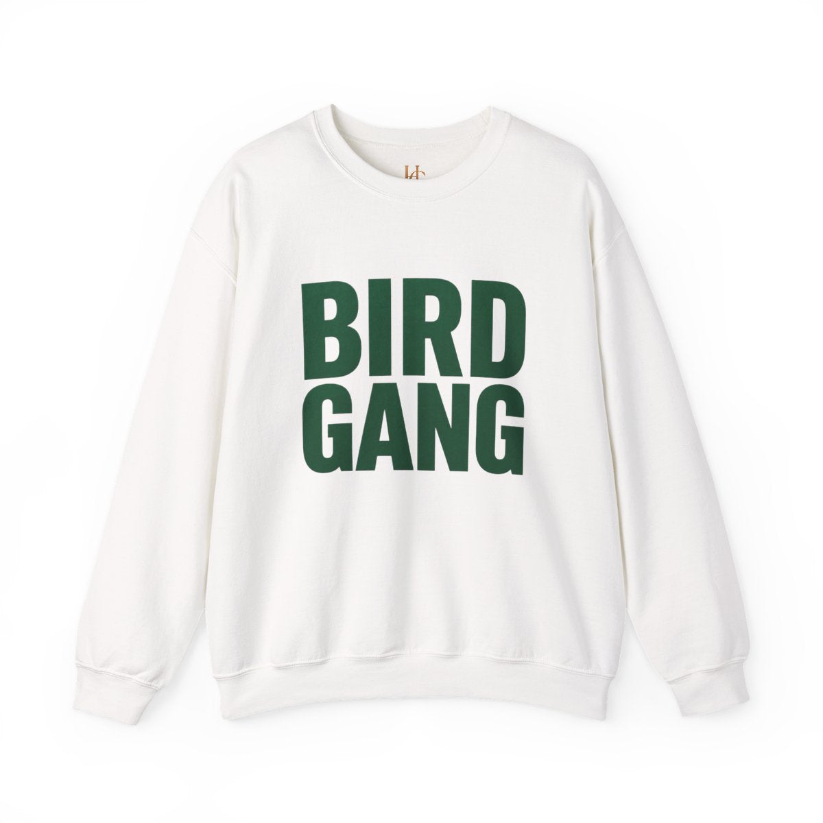 White BIRD GANG unisex crewneck sweatshirt with forest-green graphic