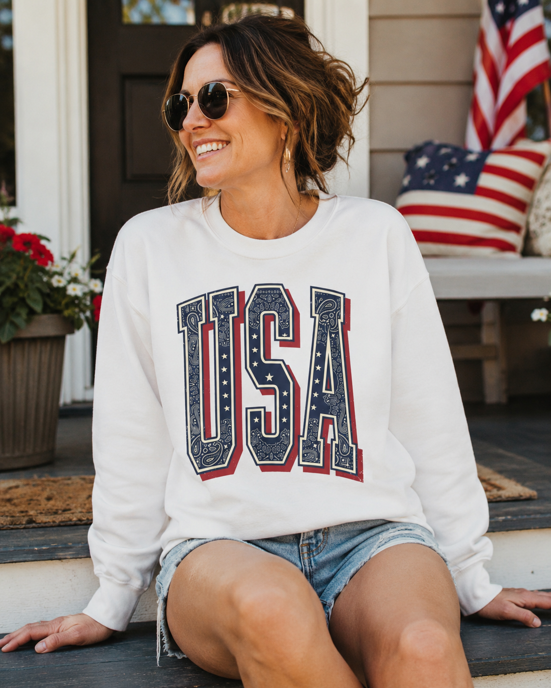 USA Varsity Embroidered Crewneck Sweatshirt | Vintage Patriotic Pullover, view 3 | Fitkitty Culture®