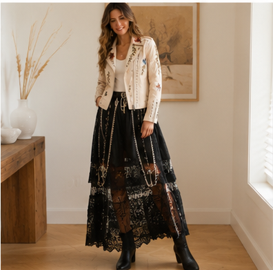 Woman styling the Wildflower Studded Faux Leather Moto Jacket with a black skirt and boots